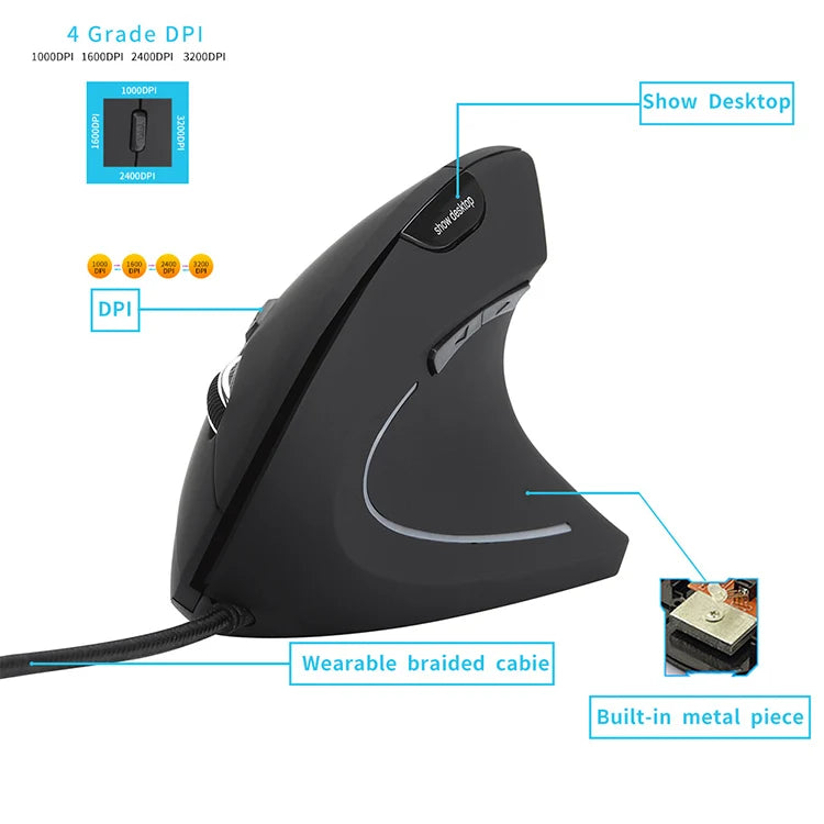 USB Wired Ergonomic Vertical Mouse for Waist Health